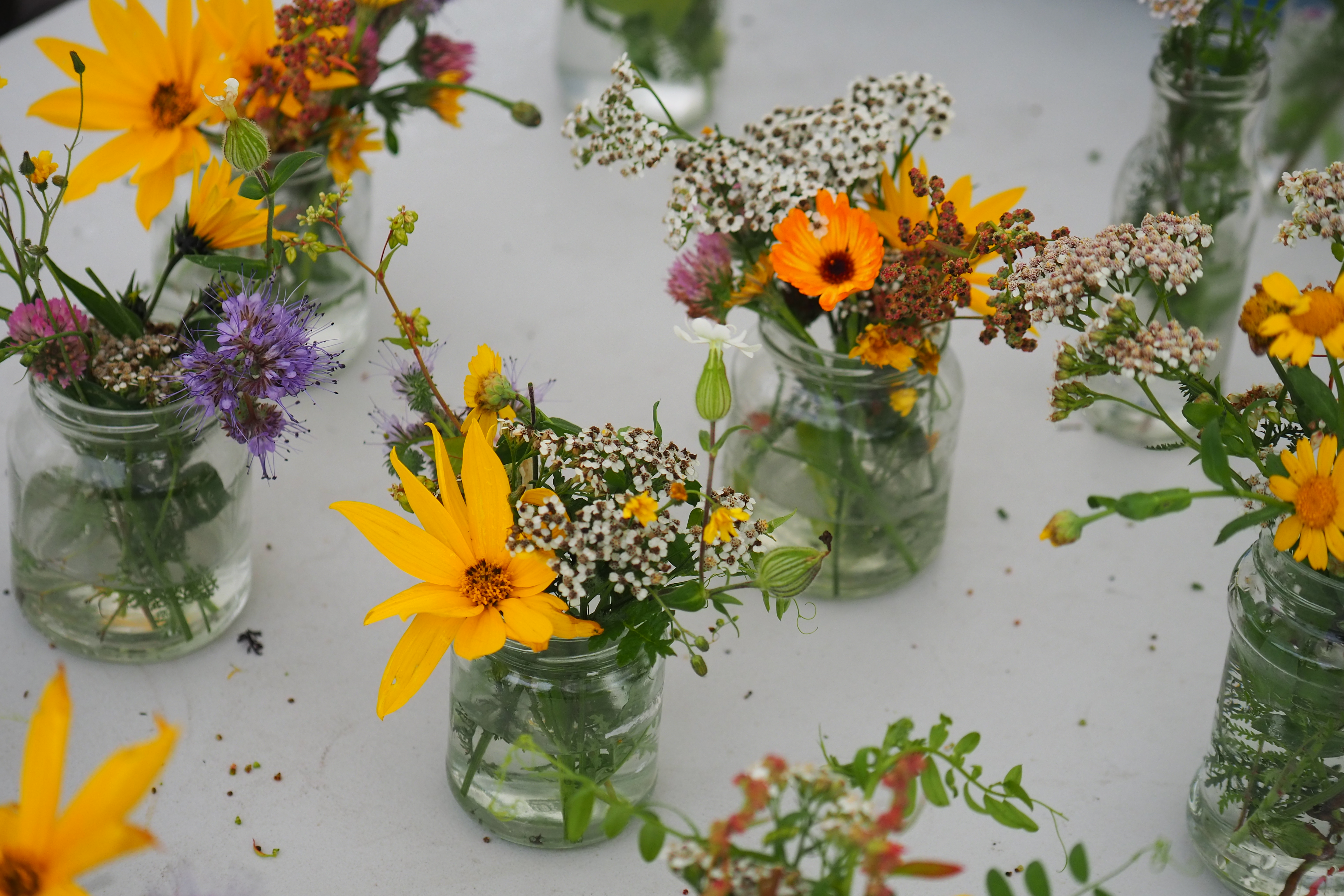 Glazenpotjes met veldbloemen